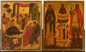 Birth of the Virgin [recto]; Saint John of Novgorod, Simeon the Stylite, and Nikita [verso]