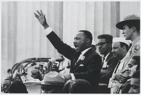 The Dreamer Dreams: King ends his speech with the words of the old Negro spiritual, "Free at last! Free at last! Thank God Almighty, we are free at last!" Washington, D.C.