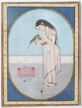 Miniature from Tales of the Parrot (Tutinama) depicting Khojasta and Green Parrot